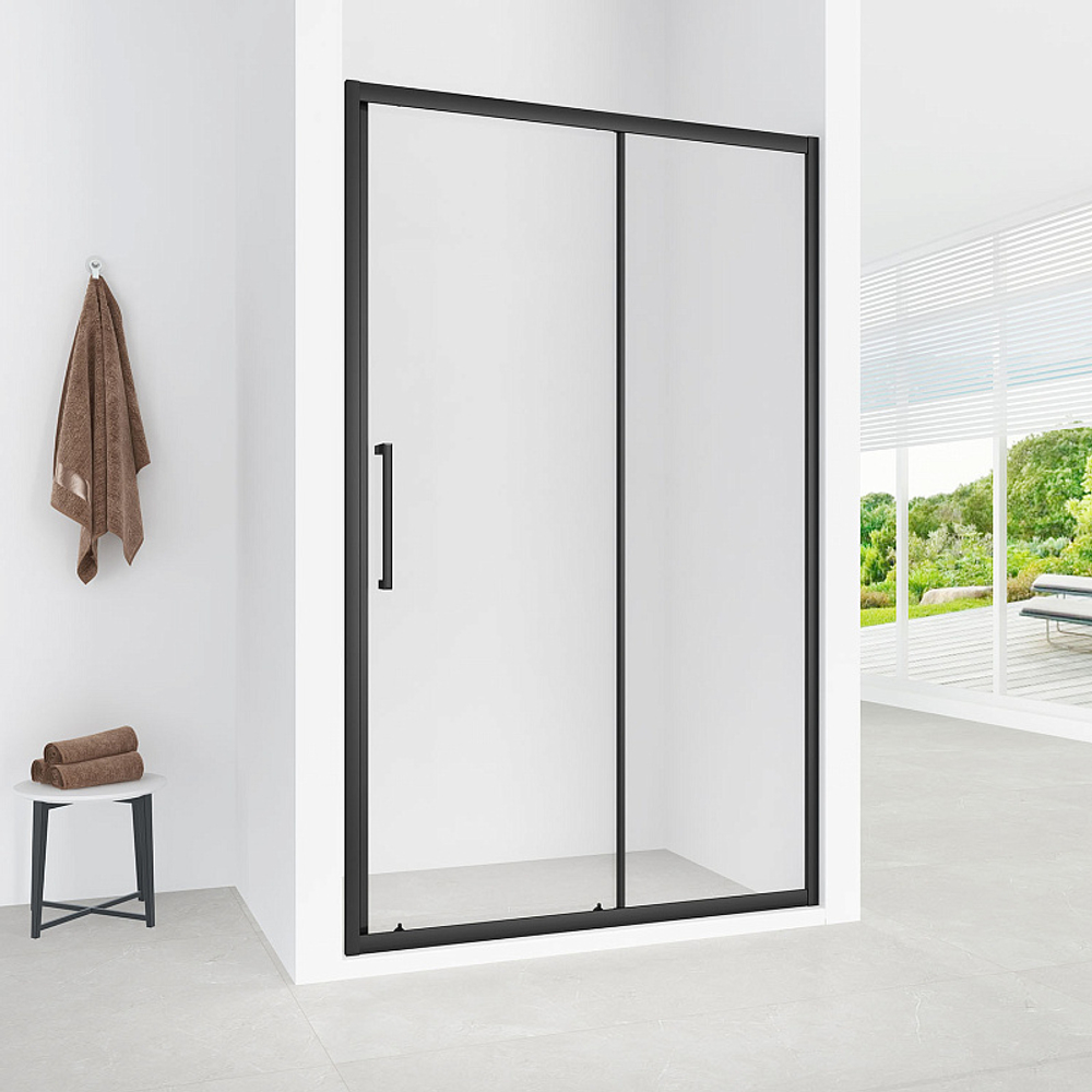 Душевая дверь Loranto раздвижная 110х190, толщина полотна 6мм универсальная, цвет профиля черный матовый