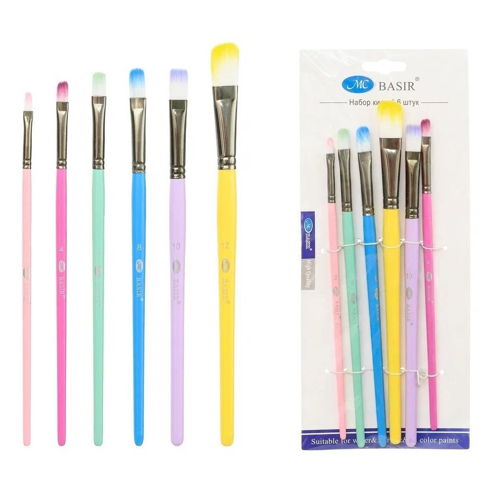 Кисть для рисования Basir художественная, нейлон, плоские, № 2,4,6,8,10,12, разноцветныйкорпус, набор из 6 шт