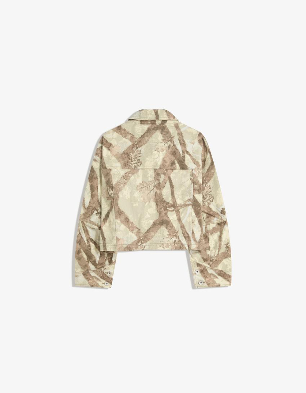 BERSHKA Джинсовая укороченная куртка с принтом, темно-серый