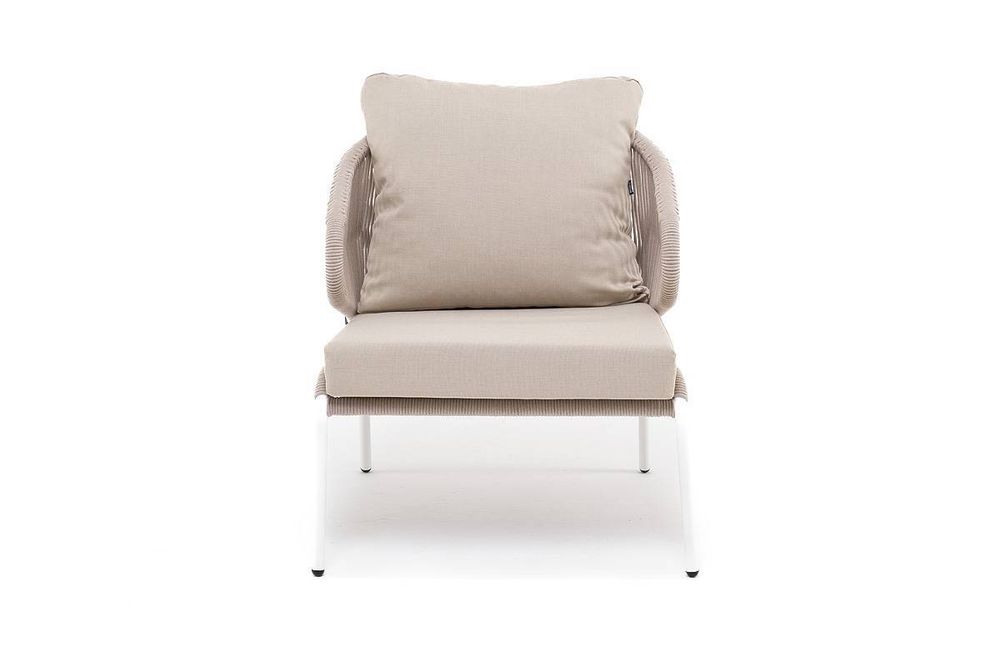 "Милан" кресло плетеное из роупа, каркас алюминий белый муар, роуп бежевый круглый, ткань бежевая 035