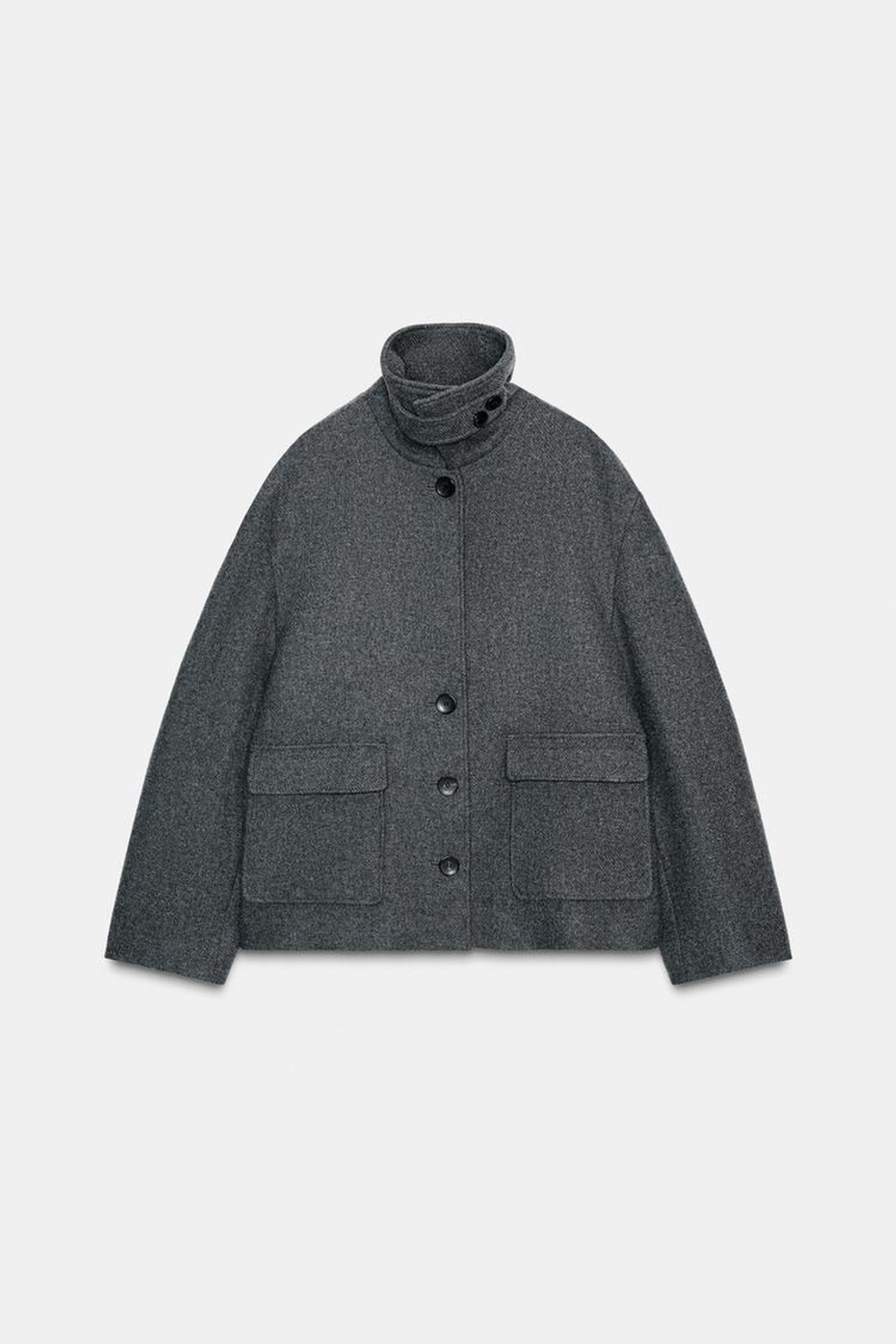 ZARA КОРОТКОЕ ПАЛЬТО ИЗ СМЕСОВОЙ ШЕРСТИ С ВОРОТНИКОМ-СТОЙКОЙ, СЕРЫЙ