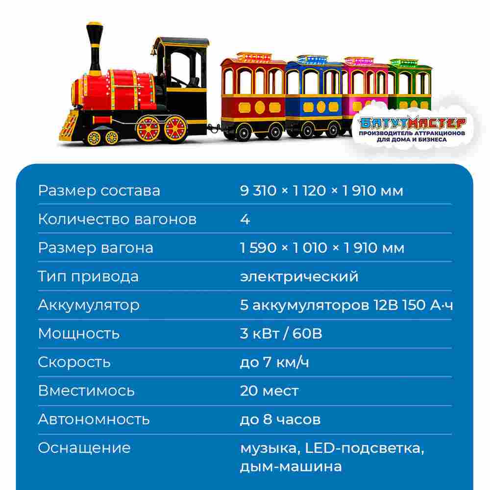 Аттракцион паровозик «Яркий Маршрут», 4 вагона, 20 мест