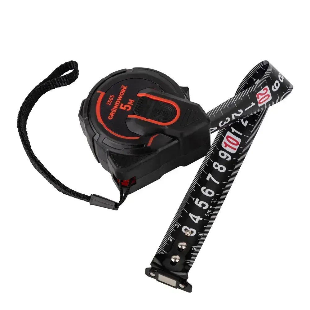 Рулетка 5 метров с черным защитным полотном, большими цифрами GRANDWORK 2505