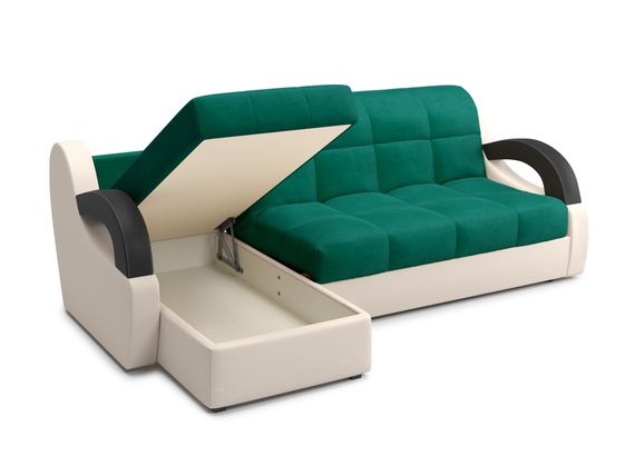 Диван угловой с оттоманкой Мадрид 1,4 - Velutto 33 изумрудный/беж кожзам/ коричневая накладка