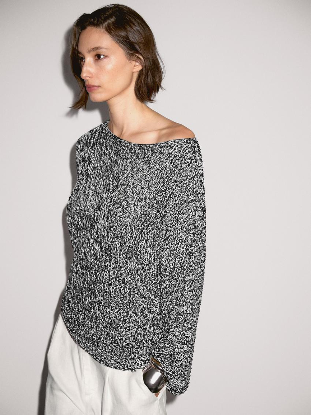 Massimo Dutti Свитер из 100% хлопка с меланжевым узором, натуральный, кремовый