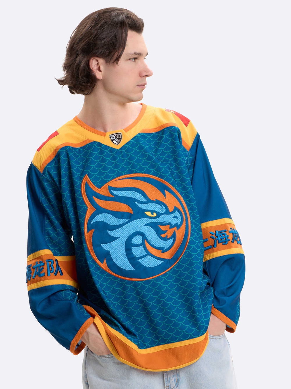 Джерси хоккейное синее ХК "Шанхайские Драконы", реплика с вышивками (ТМ ATRIBUTIKA&CLUB)