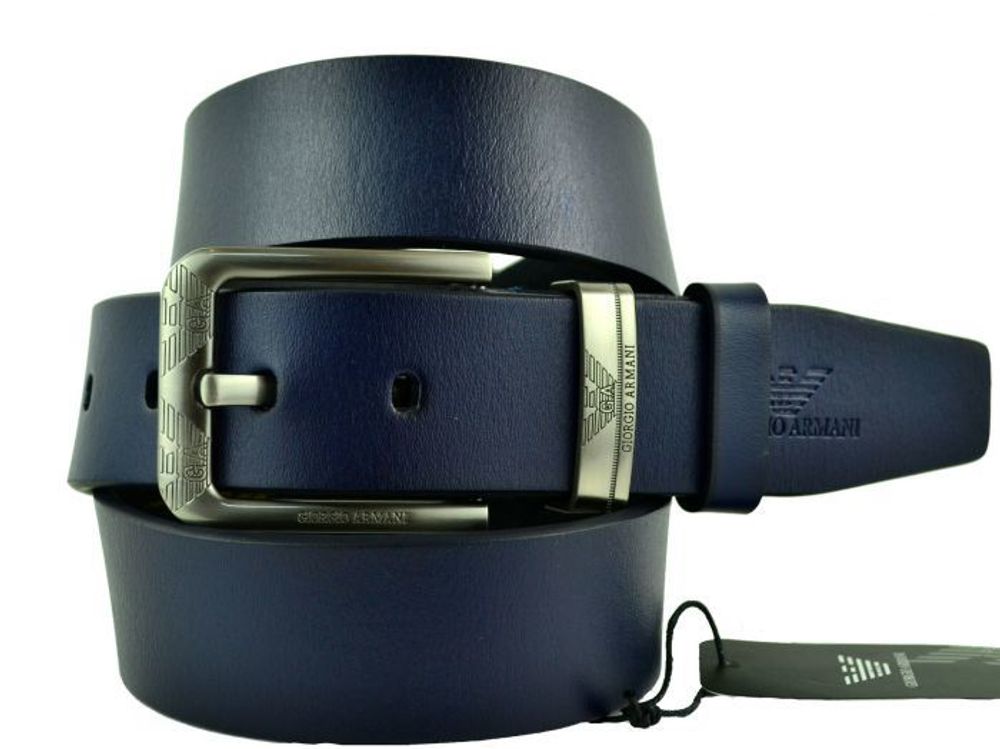 Ремень мужской джинсовый брендовый тёмно-синий кожаный 40 мм Armani (копия) 40brend-KZ-222