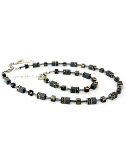 4635 Coeur de Lion браслет и колье с гематитом и черными кристаллами Сваровски.