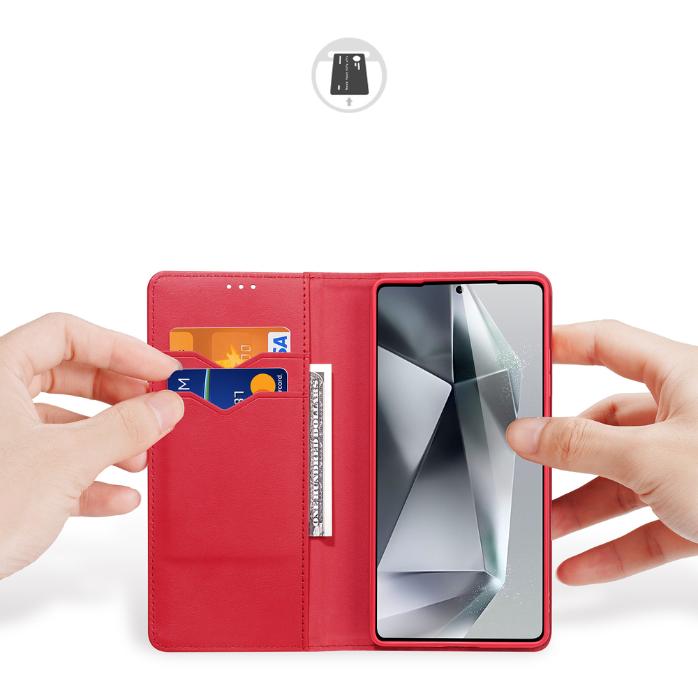 Чехол книжка из натуральной кожи красного цвета с защитой RFID для Samsung Galaxy S25 Ultra, Dux Ducis, серия Hivo Series Case