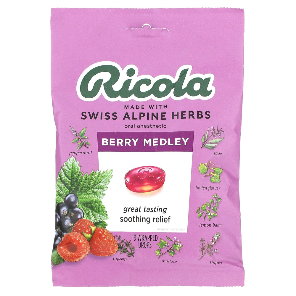 Ricola, Анестетик для полости рта, ягодное ассорти, 1,7 мг, 19 капель в оболочке