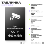 Табличка Ведется видеонаблюдение, на дверь и стену, информационная и мультиязычная (русский, английский, китайский), серия GLOBAL, 25х15 см, Айдентика Технолоджи