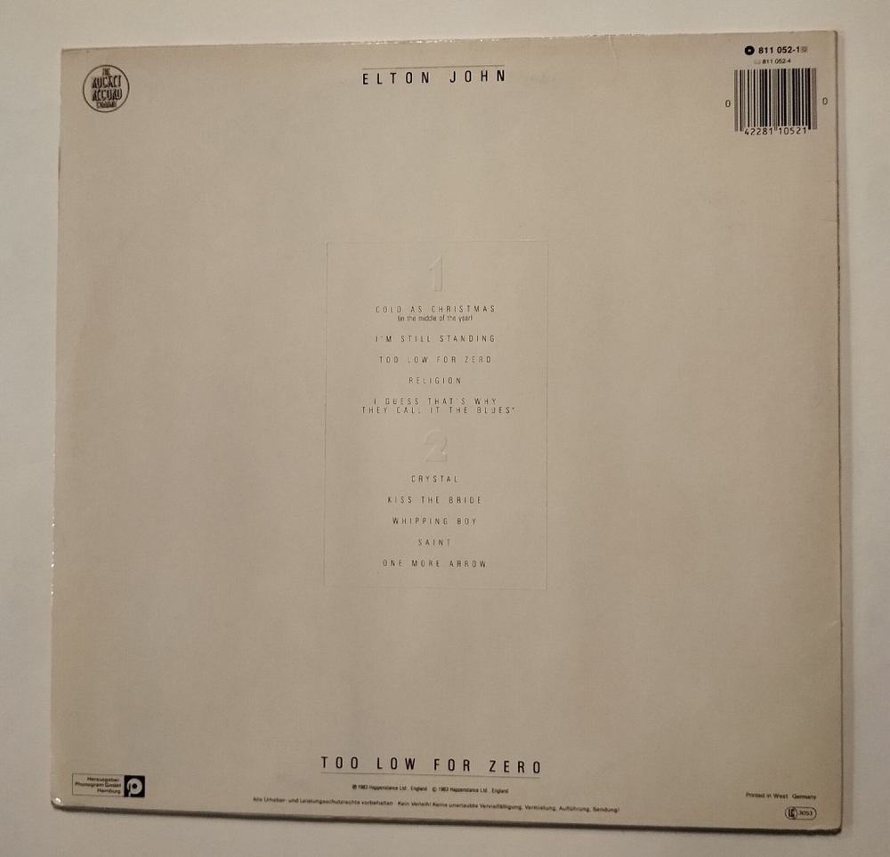 Винтажная виниловая пластинка LP Elton John Too Low For Zero (Germany 1983)