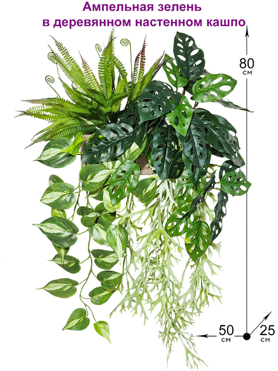 Ампельная зелень в деревянном настенном кашпо
