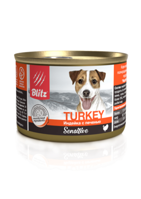 Влажный корм консервы Blitz Sensitive Dog Turkey & Liver (Pate) «Индейка с печенью» консервированный корм для собак всех пород и возрастов 24шт 200гр