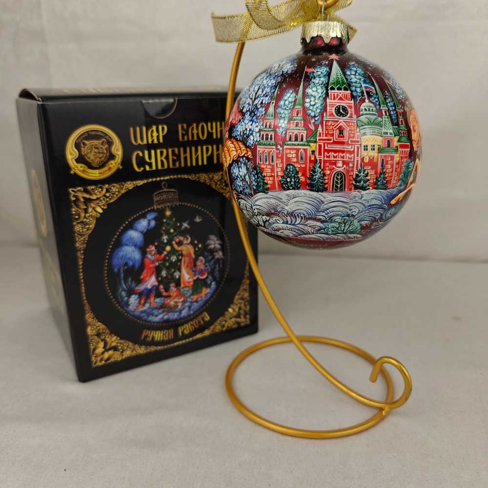 Шар новогодний с круговой росписью Палех "Тройка. Москва" в коробке