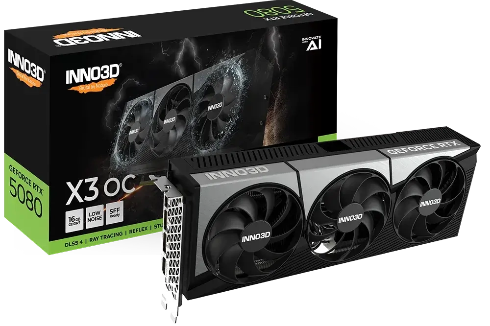 Видеокарта Inno3D GeForce RTX5080 X3 OC, 16G GDDR7 256-bit PCI-E Gen5 1xHDMI 3xDP Minimum System Power Requirement 850W N50803-16D7X-17603930