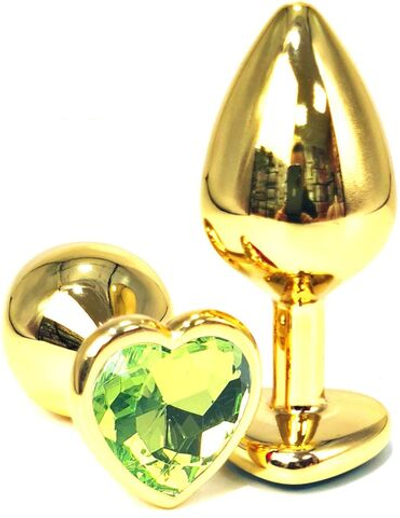 Золотистая анальная пробка с салатовым кристаллом-сердцем - 7 см. (Цвет: салатовый)
