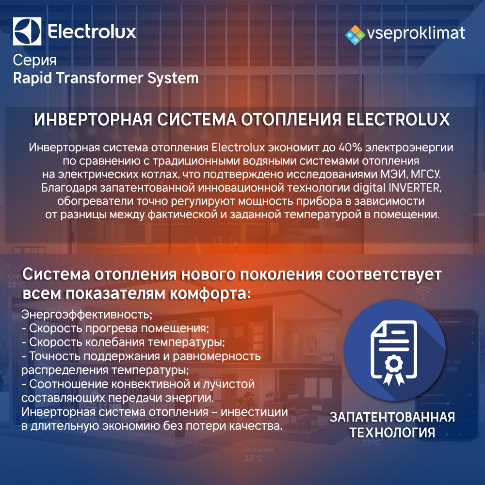 Инверторный конвектор Electrolux Rapid Transformer с блоком управления ECH/R-2000 T-TUI4 с WI-FI без шасси, 10 ступеней мощности