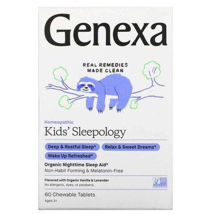 Genexa LLC, Kid's Sleepology, органическая добавка для нормализации ночного сна, вкус ванили и лаванды, для детей от 3 лет, 60 жевательных таблеток