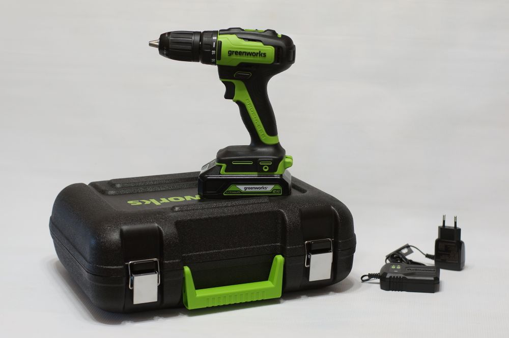 Аккумуляторная дрель шуруповерт Greenworks GD24DD35K2,3704007UA, 24v, АКБ 2 А·ч и ЗУ в кейсе