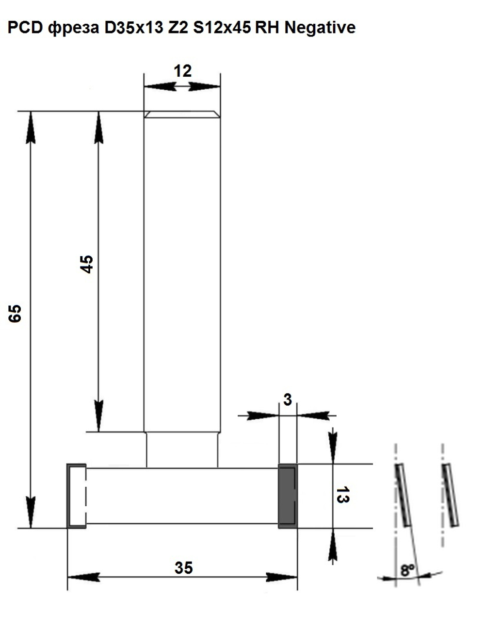 PCD концевая фреза D.35x13 H3 S.12x45 Z2