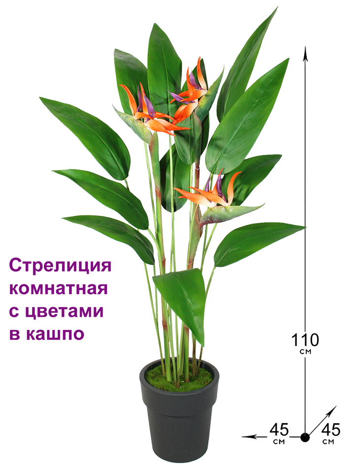 Искусственная стрелиция с цветами в кашпо