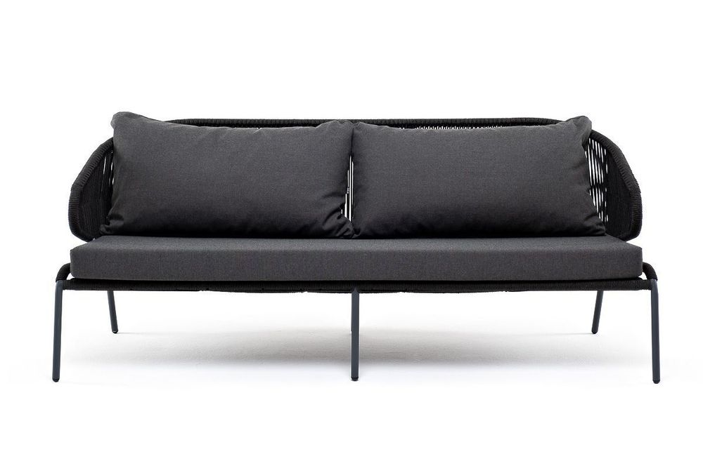 "Милан" диван 3-местный плетеный из роупа, каркас алюминий темно-серый (RAL7024) муар, роуп темно-серый круглый, ткань темно-серая 027