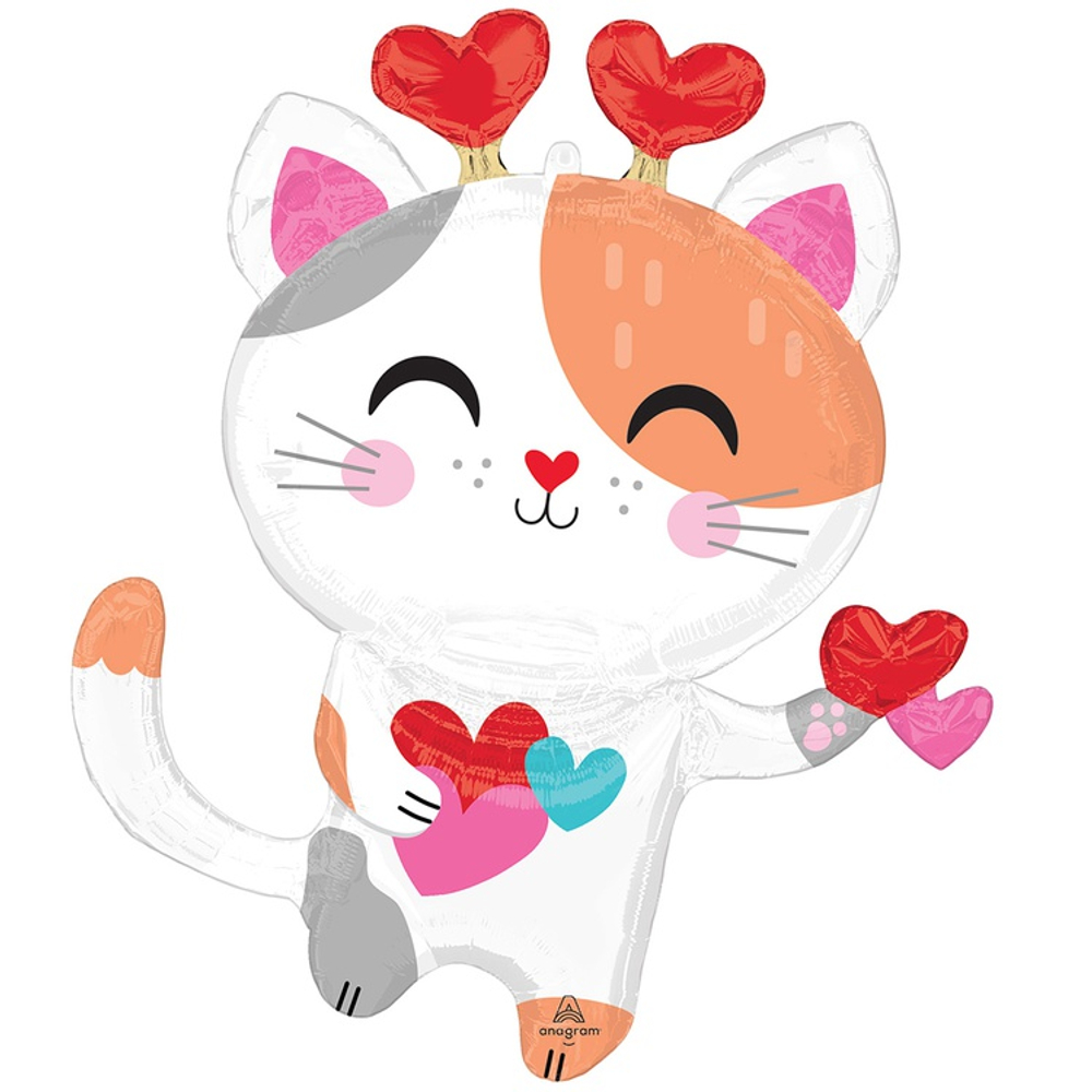 Шар Фольгированный Кот с сердцами-антенками (Белый)