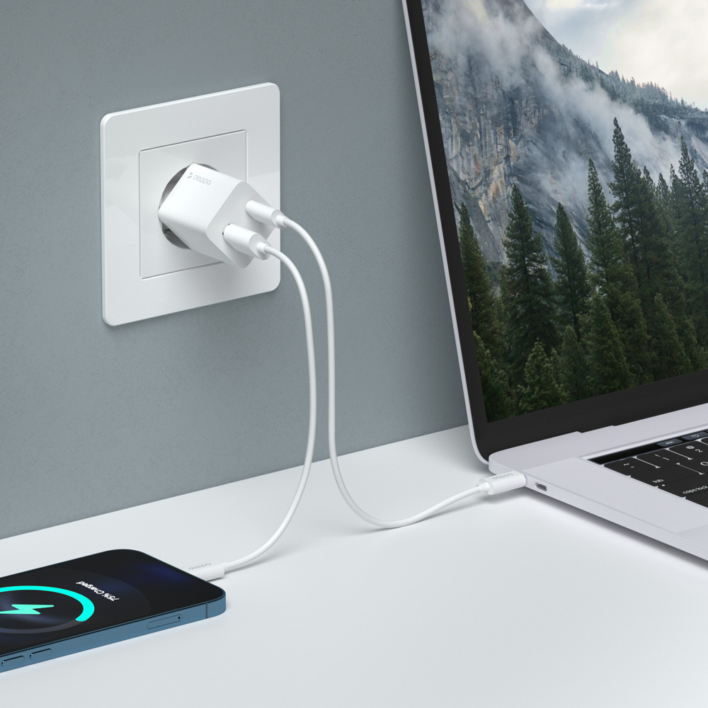 Сетевое зарядное устройство Deppa 11398, USB-C + USB-A, PD 3.0, QC 3.0, GaN, 20 Вт, белый