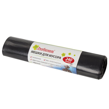 Мешки для мусора 240 л, черные, в рулоне 5 шт., ПВД 30 мкм, 90×130 см, ЛЮБАША эконом, 3 упаковки.