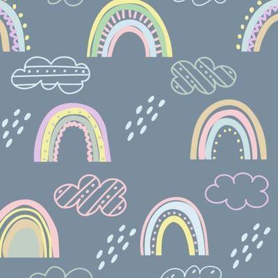 Яркие детские радуги, облака и дождик.