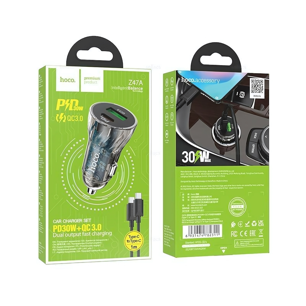 Автомобильное зарядное устройство HOCO Z47A PD30W+QC3.0 3A Type-C+USB Black