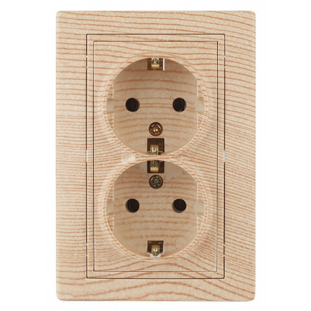 Розетка Intro Plano 1-205-11 с заземлением двойная 2X2P+E Schuko, 16А-250В, IP20, СУ, сосна