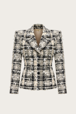 ЖАКЕТ ИЗ СЕРОГО ХЛОПКОВОГО ТВИДА С ЛЮРЕКСНОЙ НИТЬЮ