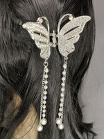 Блестящий краб заколка бабочка для волос. Универсальная.Металлическая. Модерн с  кисточками из страз. Цвет Золото