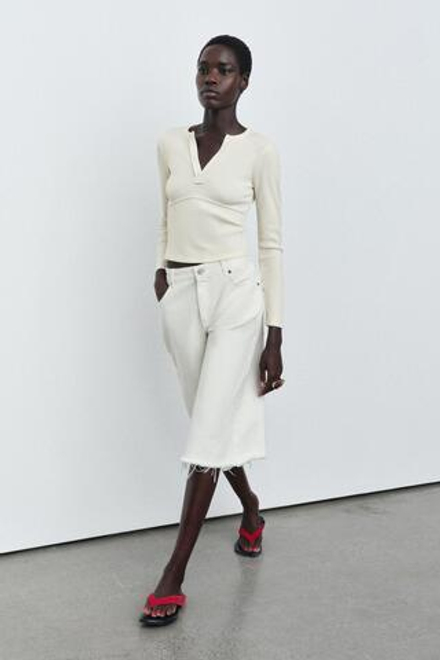 ZARA ФУТБОЛКА В РУБЧИК С ДЛИННЫМИ РУКАВАМИ, ЭКРЮ