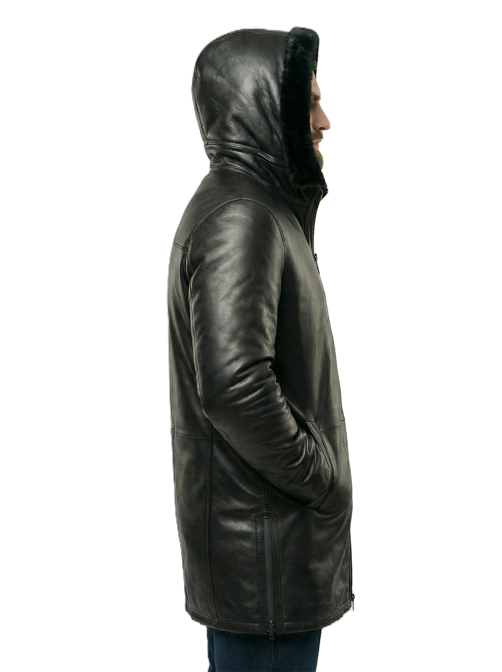 KHIMEONE Мужская кожаная куртка с капюшоном на меху (натуральная кожа/натуральный мех)