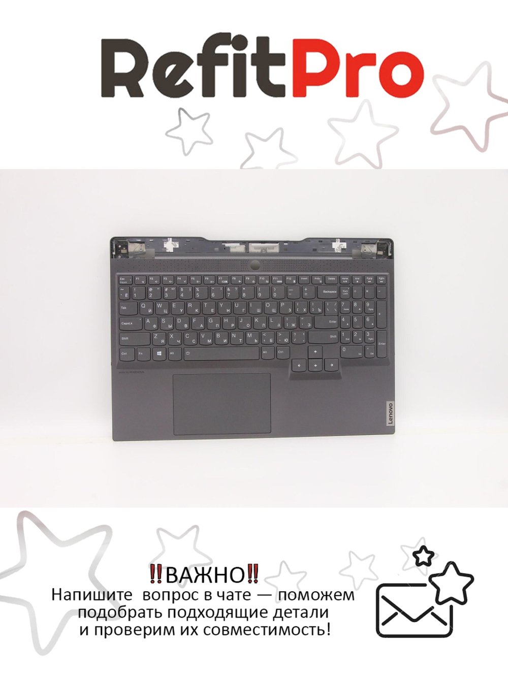 Верхняя панель с клавиатурой (топкейс) для ноутбука Lenovo Legion S7-15ACH6 с подсветкой, серая , раскладка - русская (5CB1C93757)