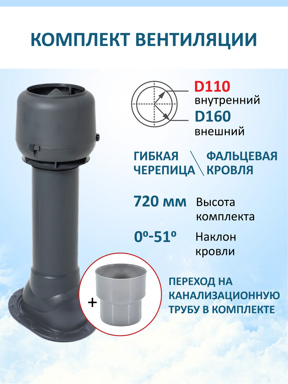 Вент. выход утепленный c колпаком D160 высотой Н-700 с переходом D110, для скатной кровли