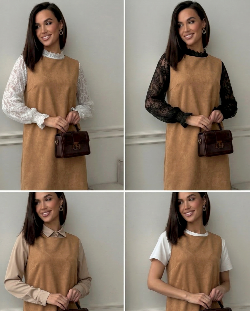 Бежевое женское платье-сарафан из экозамши с красными боковыми вставками