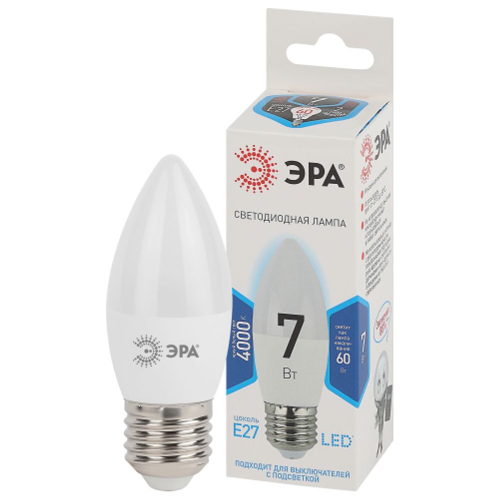 Лампа светодиодная ЭРА STD LED B35-7W-840-E27 7Вт свеча нейтральный белый свет Е27 | Лампы cветодиодные Свеча (B/C)