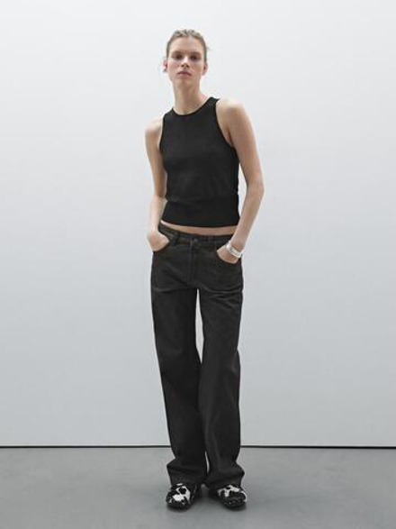 Massimo Dutti Топ из полупрозрачной ткани с круглым вырезом, черный