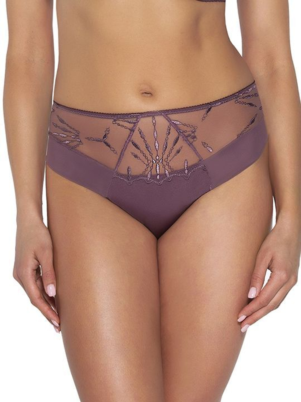 Трусики-слипы с вставкой из сетки с вышивкой (Размер: L) (Цвет: кофейный)