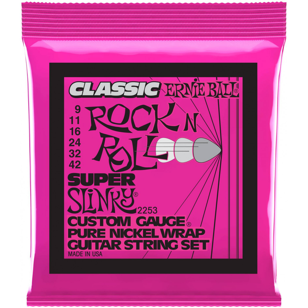 Ernie Ball 2253 Classic Pure Nickel Super Slinky 9-42. Комплект cтрун для электрогитары. Сердцевина - сталь, шестигранник. Обмотка - никель.