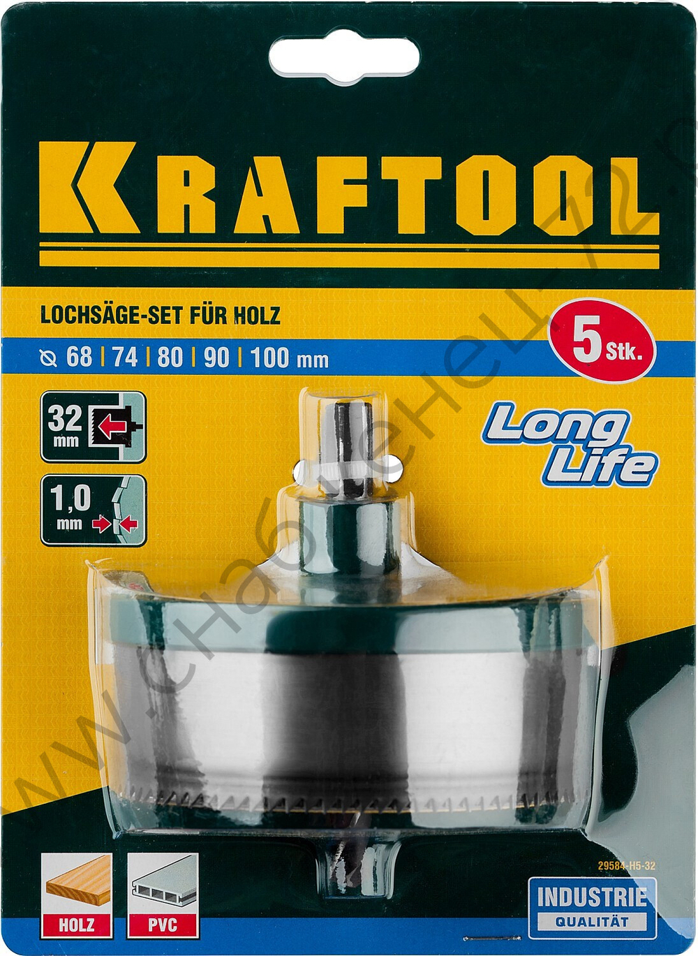 KRAFTOOL 5шт(68-100/32мм) кольцевая пила по дереву, сегментная, наборная: 68-74-80-90-100x32 мм