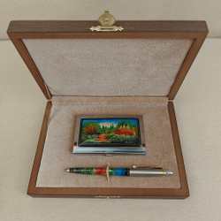 Набор "Русская деревня. Лето" визитница и ручка Parker с ручной росписью Палех