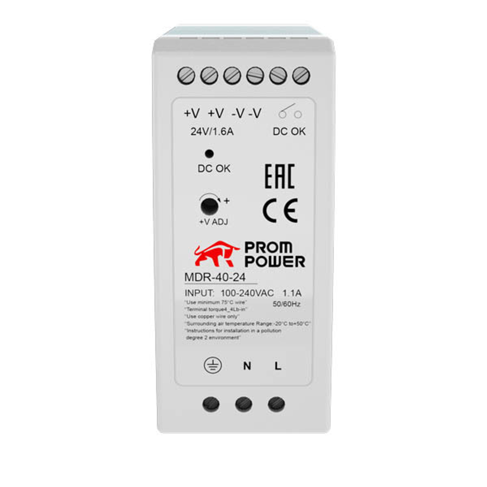 Источник питания MDR-40-24, на выходе 24 В DC, 1.6 А, 40 Вт. Входное 85-264 В AC (120-370 В DC)
