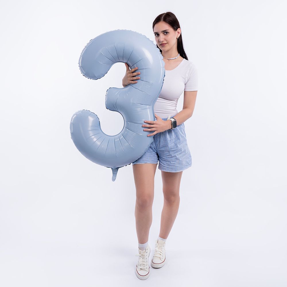 Шар (40''/102 см) Цифра, 3 Slim, Небесный, 1 шт. в уп.