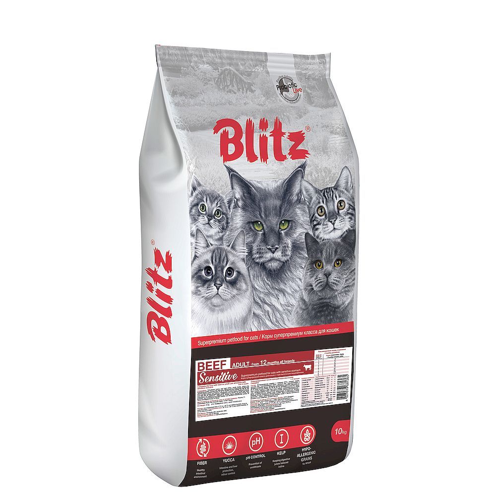 Сухой корм для кошек Blitz Sensitive Beef Adult Cats с говядиной, Пакет 10 кг