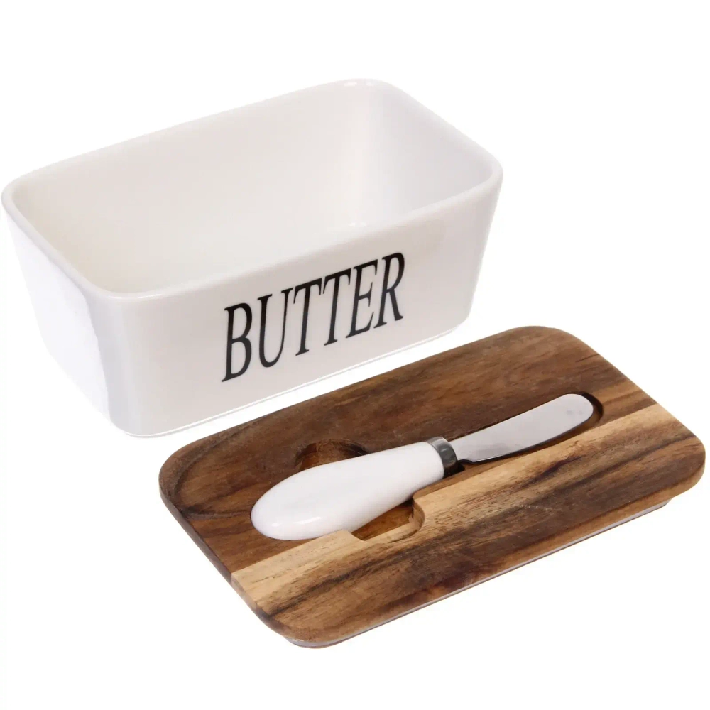 Масленка керамическая «White magic» 16,5*10*8см с крышкой из акации и ножом для масла, белая